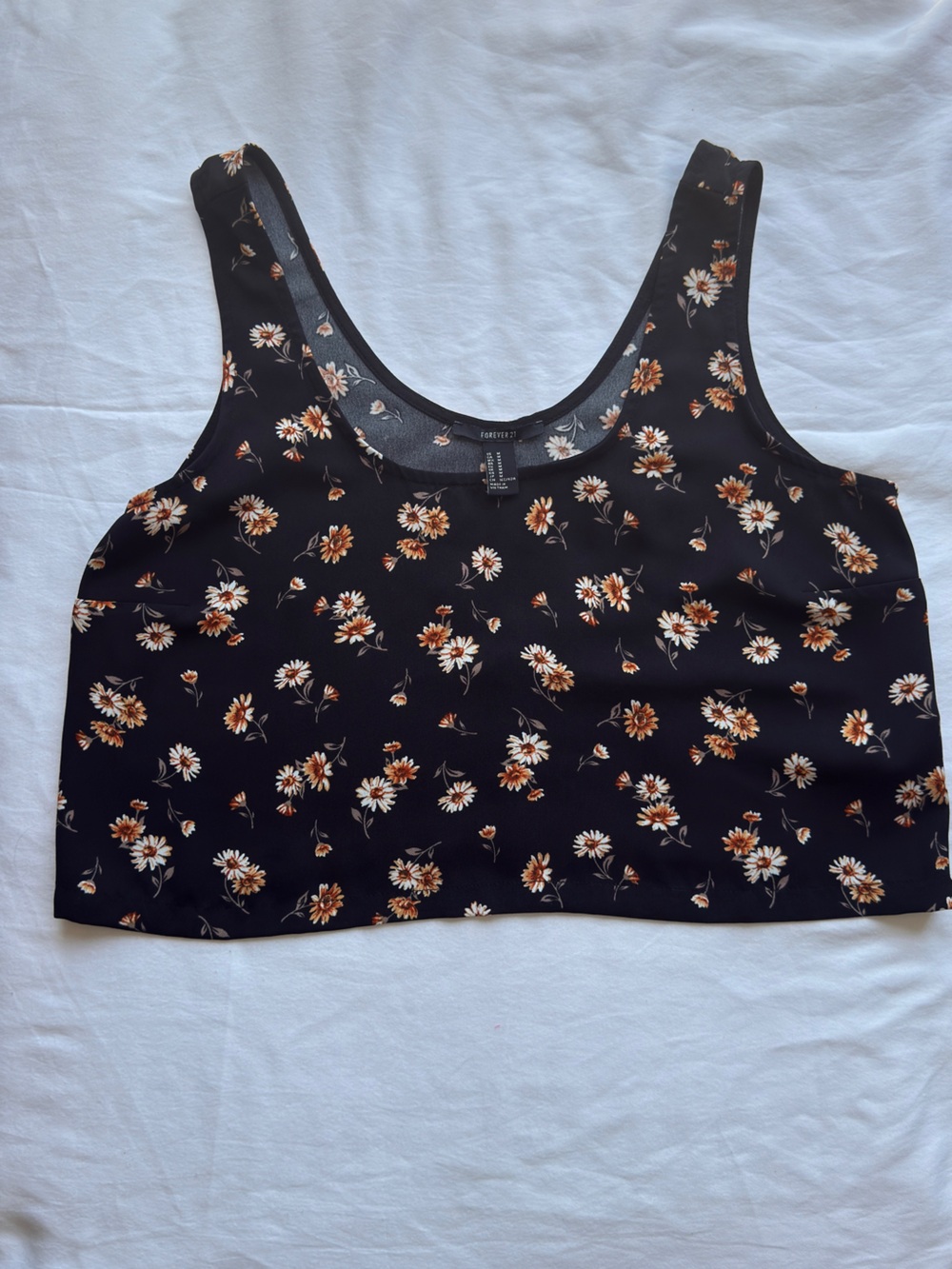 Forever 21 Black Floral Tank with Yellow-Orange Daisies